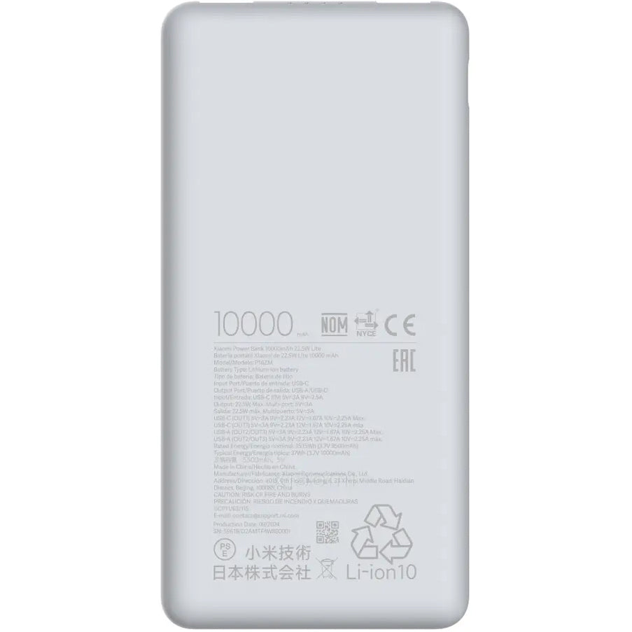 Ekstern Batteri Xiaomi Lite, 10000mAh, 22.5W, QC + PD, 1 x USB-C - 2 x USB-A, Hvid BHR9350GL