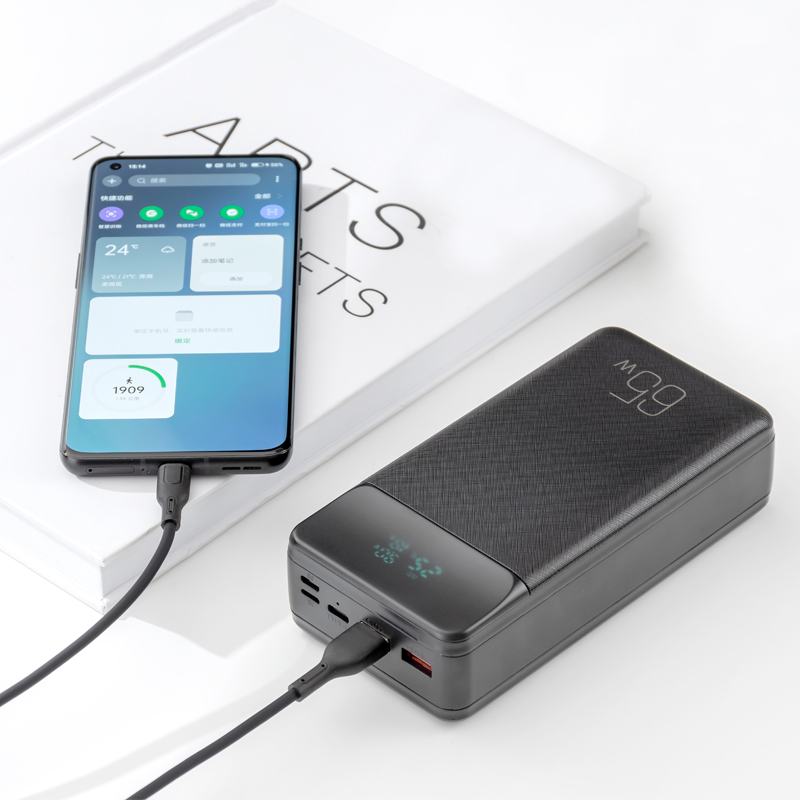 Eksternt batteri XO Design PR201, 30000mAh, 65W, QC + PD, 1 x USB-C - 2 x USB-A, Sort