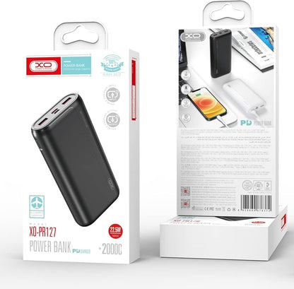 Ekstern batteri XO Design PR127, 20000mAh, 22.5W, QC + PD, 1 x USB-C - 2 x USB-A, Sort