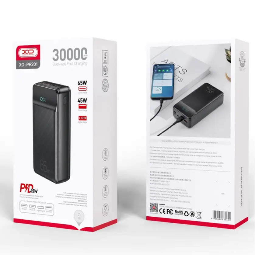 Eksternt batteri XO Design PR201, 30000mAh, 65W, QC + PD, 1 x USB-C - 2 x USB-A, Sort