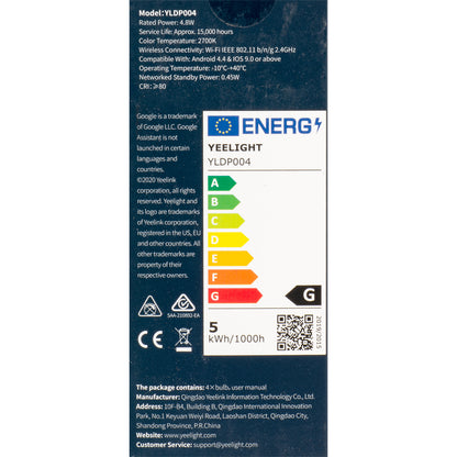 LED-pære Yeelight W1, Wi-Fi, GU10, 4.8W, 2700K, 350lm, Sæt med 4 stykker YLDP004