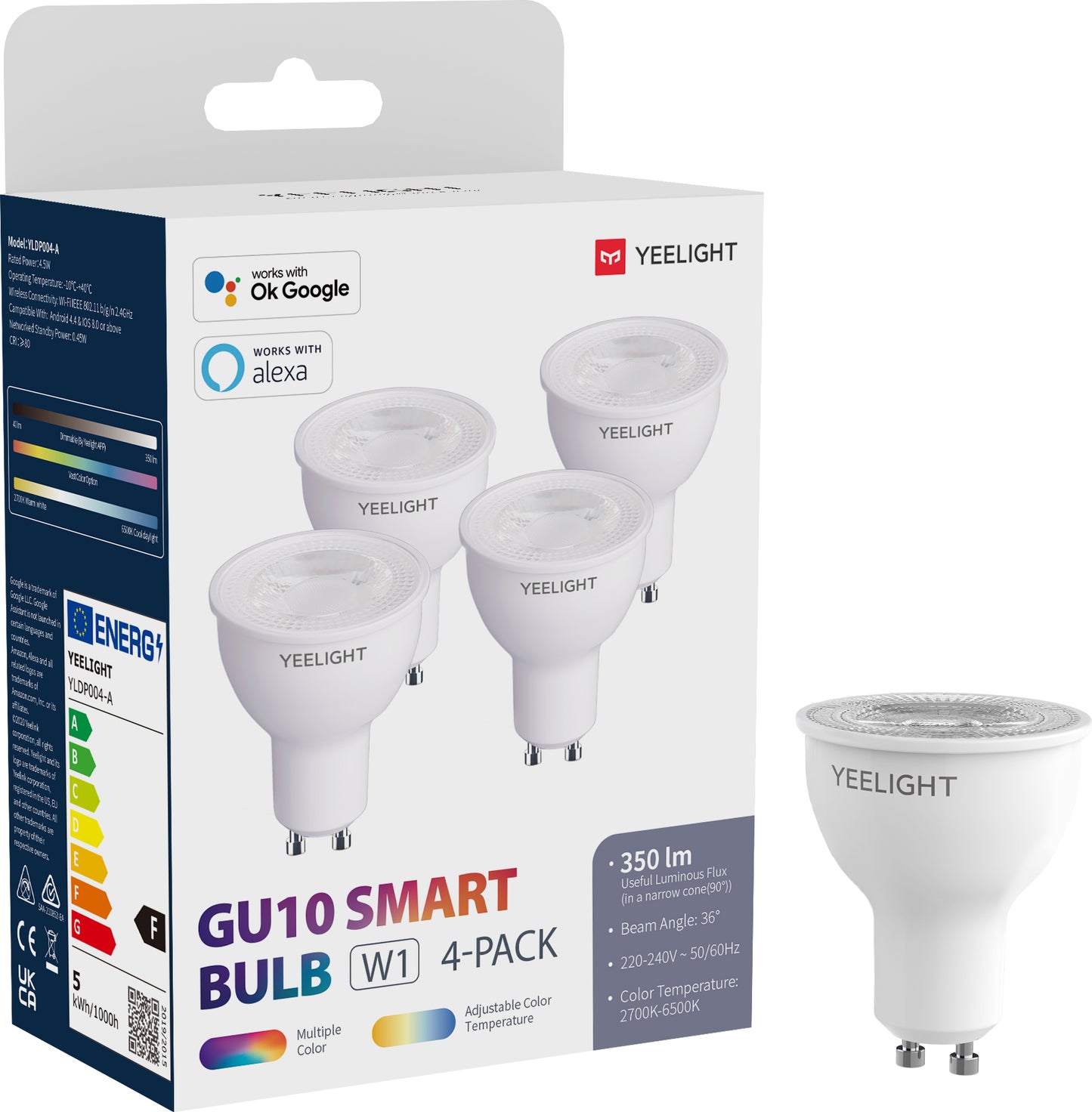 LED-pære Yeelight W1, Wi-Fi, GU10, 4.5W, 2700K - 6500K, 350lm, Sæt med 4 stykker, Multifarvet YLDP004-A