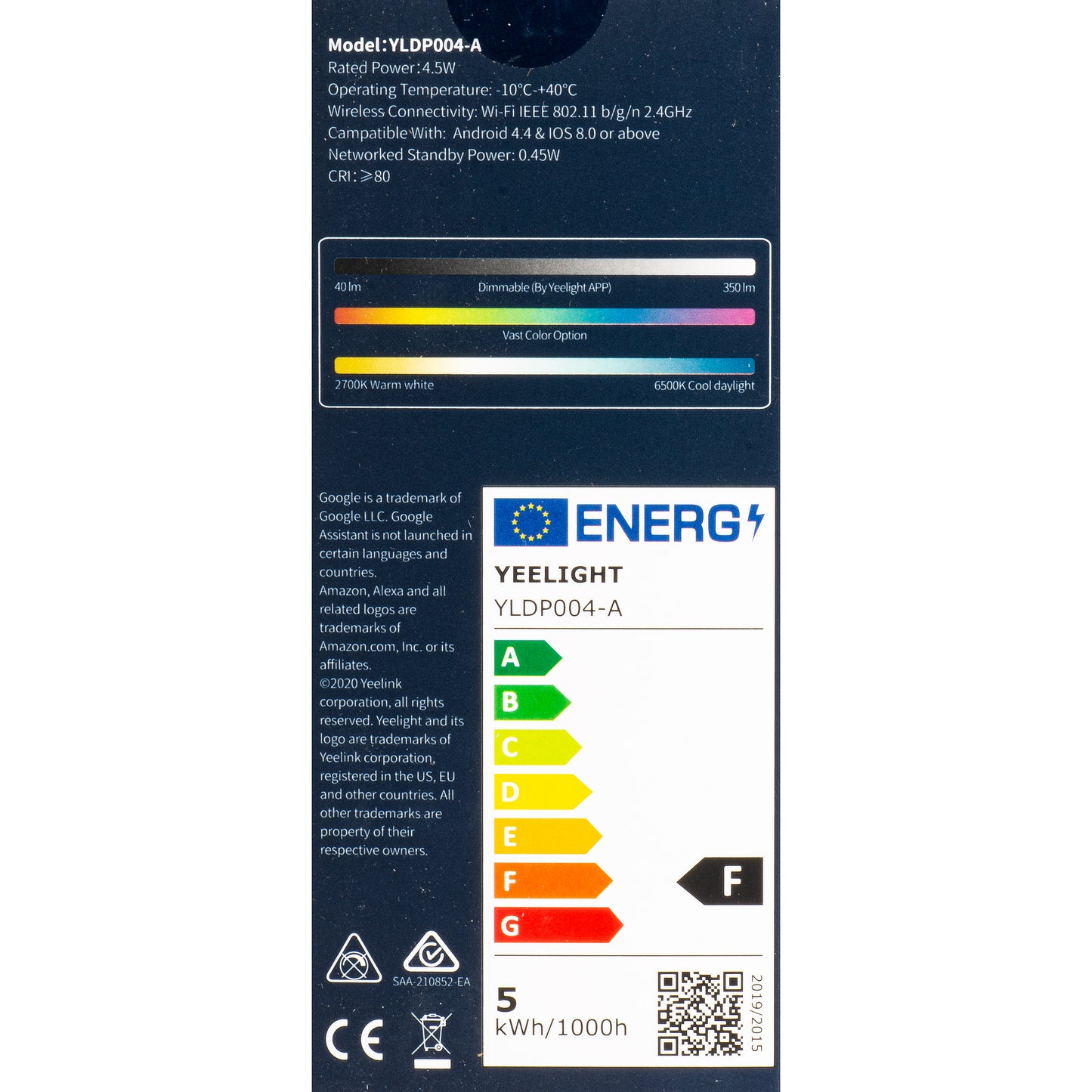 LED-pære Yeelight W1, Wi-Fi, GU10, 4.5W, 2700K - 6500K, 350lm, Sæt med 4 stykker, Multifarvet YLDP004-A