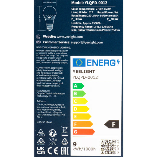 Yeelight W4 Lite LED-pære, Wi-Fi, E27, 9W, 2700K - 6500K, 806lm, hvid YLQDP-0012 YLQDP-0012