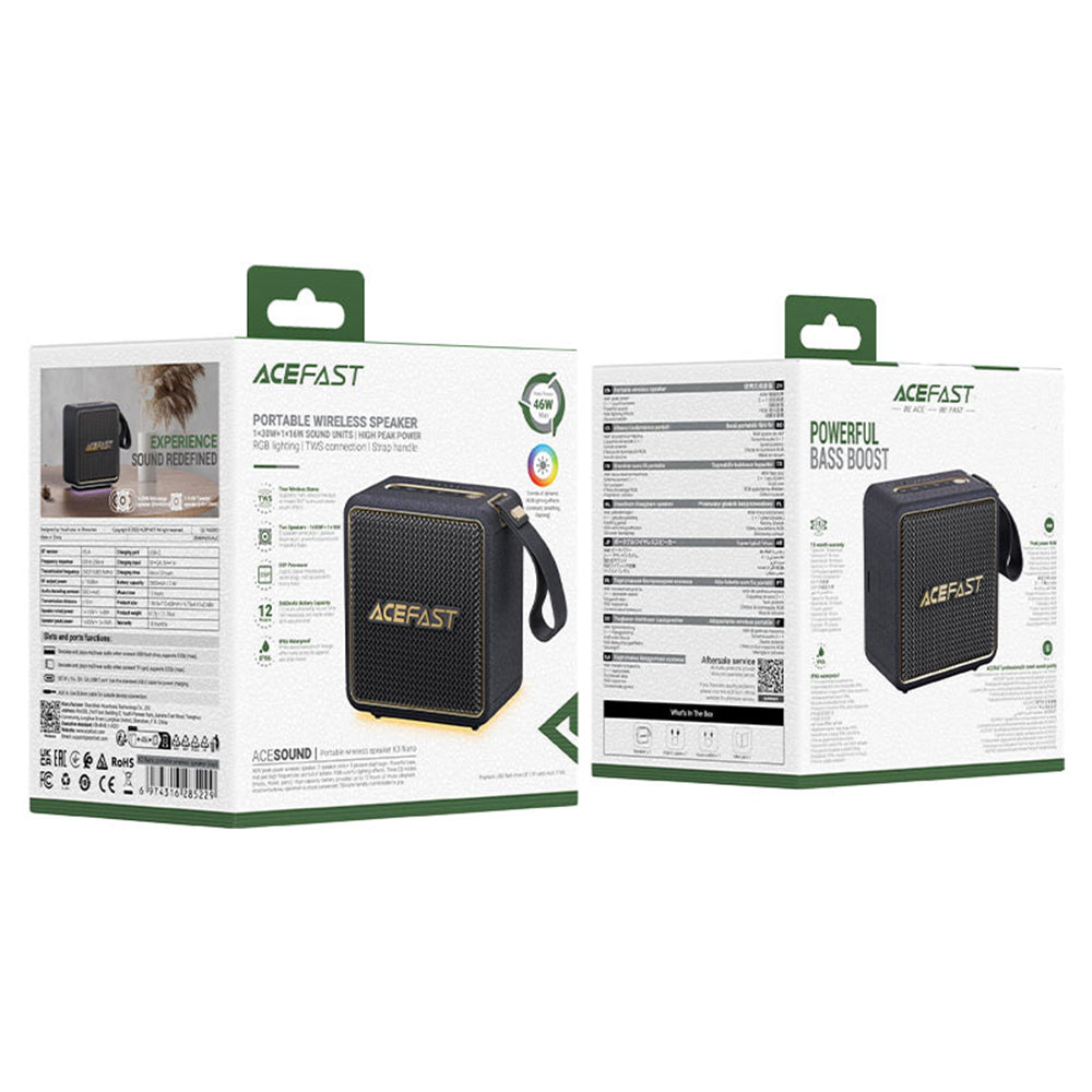 Bærbar Bluetooth-højttaler Acefast K3 Nano, 1 x 30W - 1 x 16W, RGB, Vandtæt, Sort