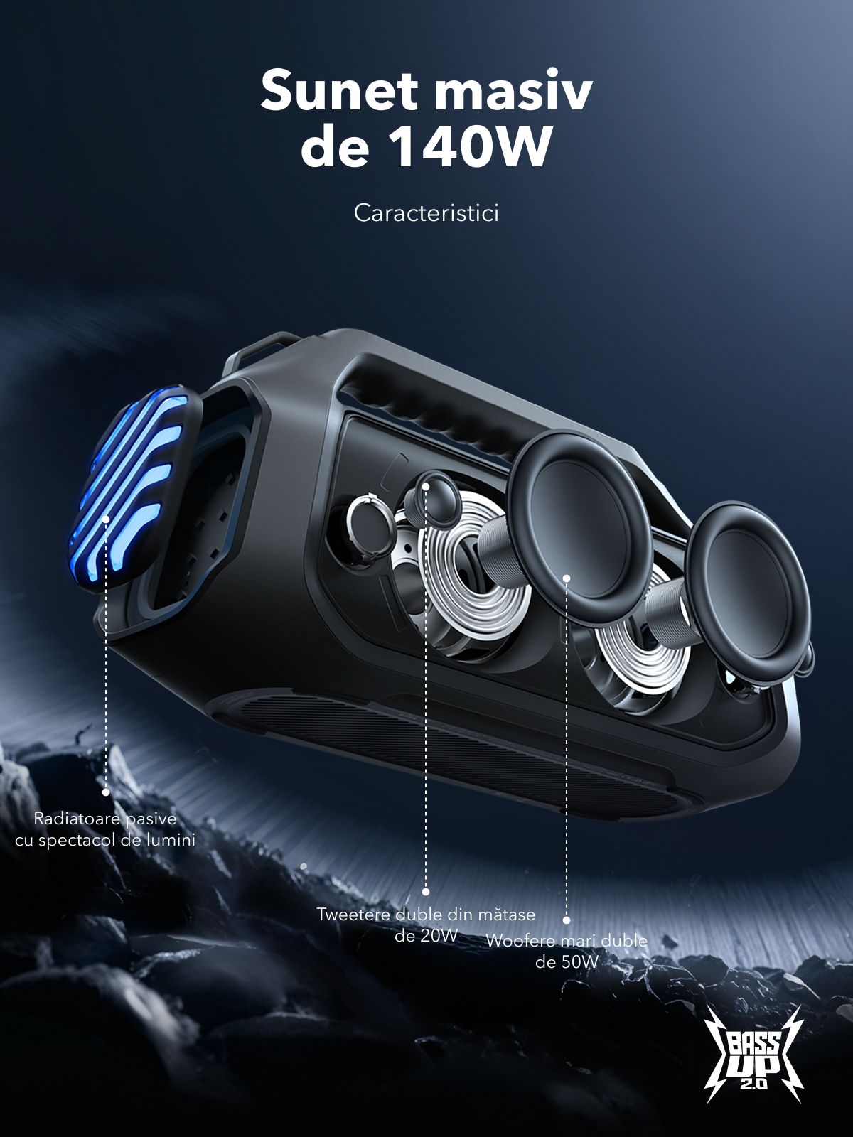 Bærbar Bluetooth-højttaler Anker SoundCore Boom 2 Plus Ny Version, 140W, TWS, RGB, Vandtæt, Sort A3134012