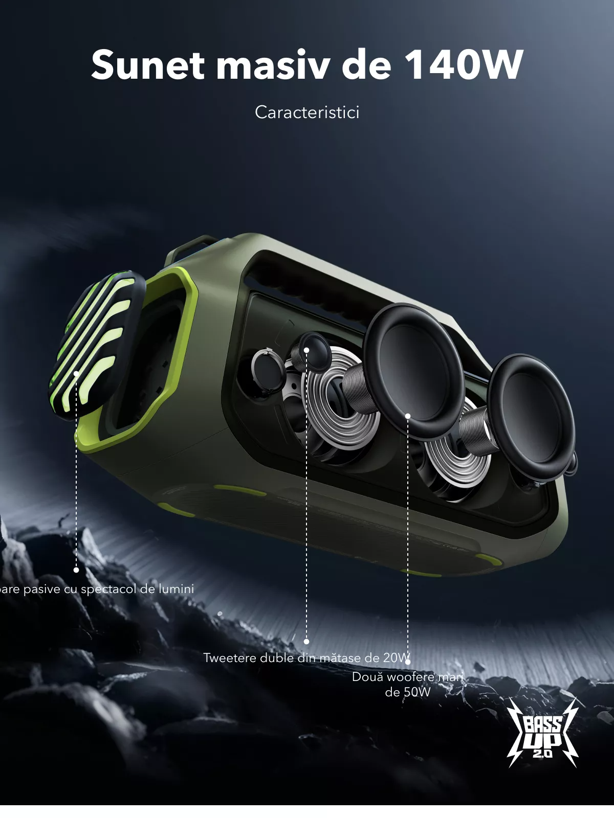 Bærbar Bluetooth-højttaler Anker SoundCore Boom 2 Plus Ny Version, 140W, TWS, RGB, Vandtæt, Grøn A3134062