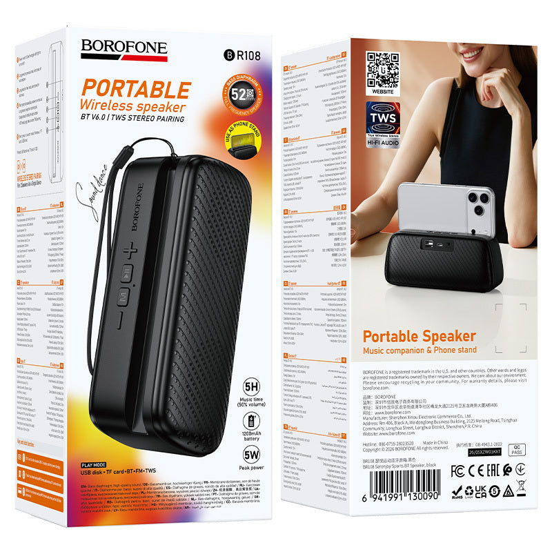 Bærbar Bluetooth-højttaler Borofone BR108 Serenjoy, 5 W, TWS, sort