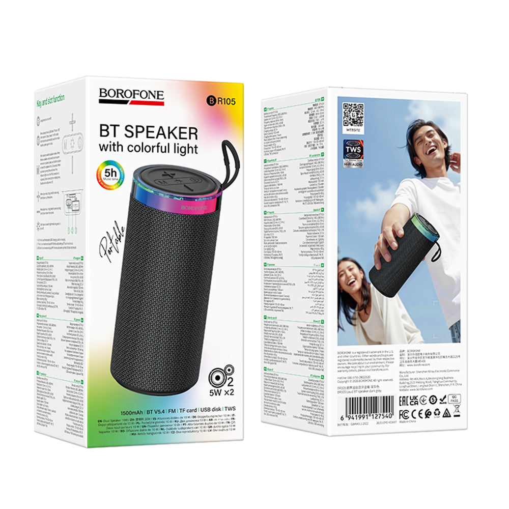 Borofone BR105 Loud Portable Bluetooth Speaker, 10W, TWS, RGB, Gray
