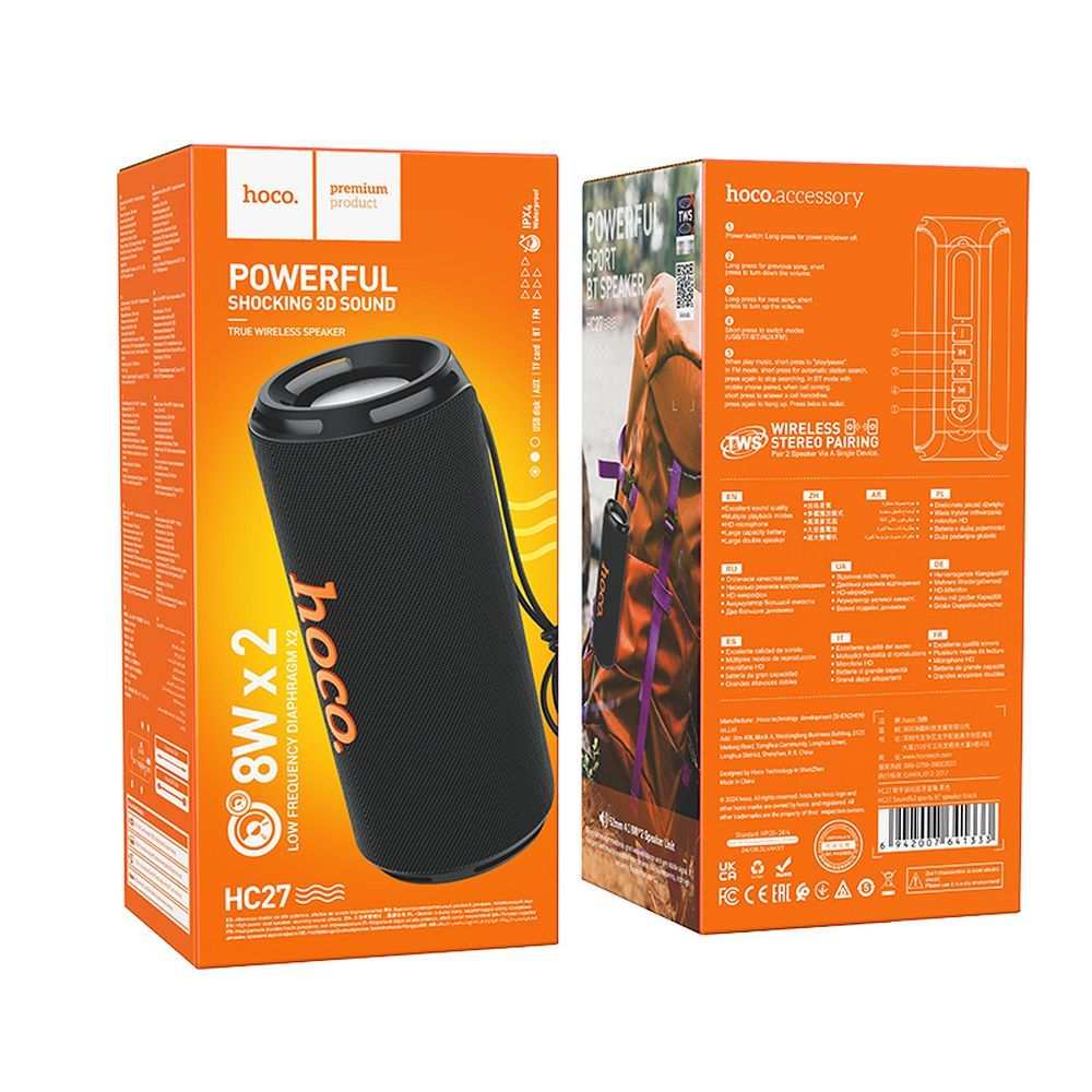 Bærbar Bluetooth-højttaler HOCO HC27, 2 x 8W, Sort