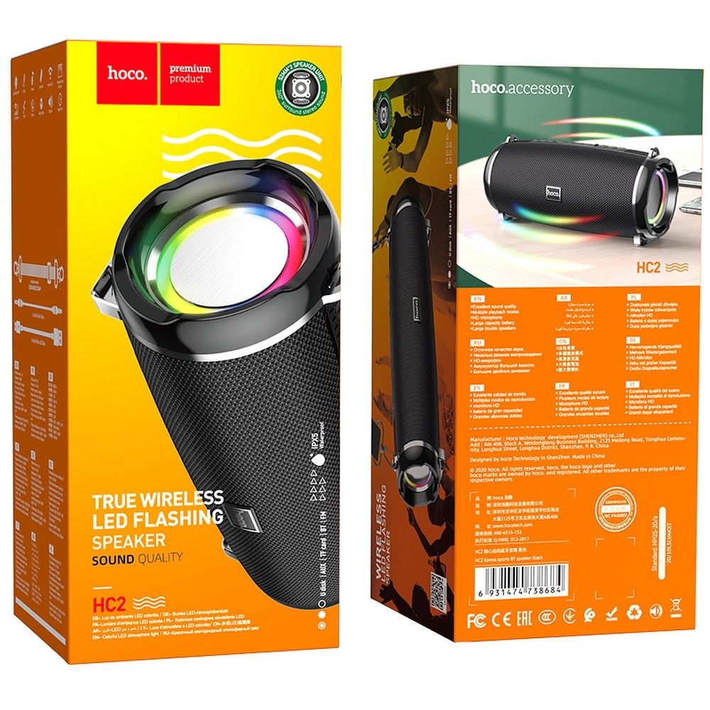 Bærbar Bluetooth Højttaler HOCO HC2, 2 x 5W, TWS, RGB, Sort
