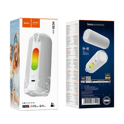 Bærbar Bluetooth Højttaler HOCO HC50, 8W, TWS, RGB, Vandtæt, Hvid