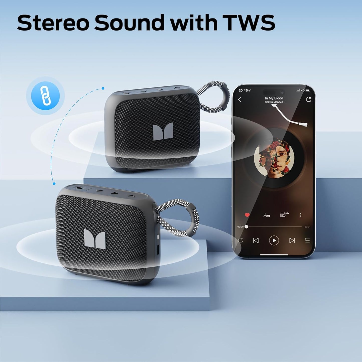 Monster S520 Bluetooth bærbar højttaler, 5W, TWS, RGB, vandtæt, sort