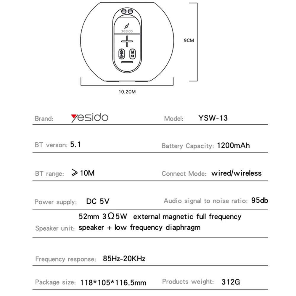 Bærbar Bluetooth-højttaler Yesido YSW13, 5W, RGB, Blå