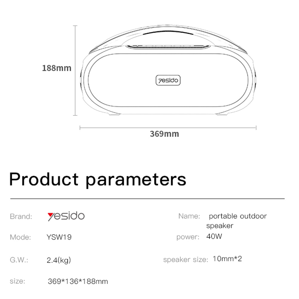 Bærbar Bluetooth-højttaler Yesido YSW19, 40W, RGB, Vandtæt, Sort