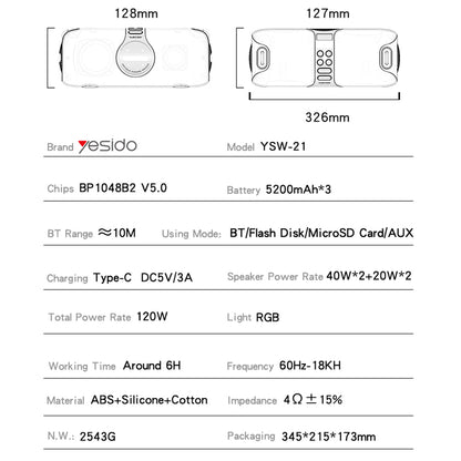 Yesido YSW21 Karaoke Bluetooth Speaker, 120W, RGB, Waterproof, Black