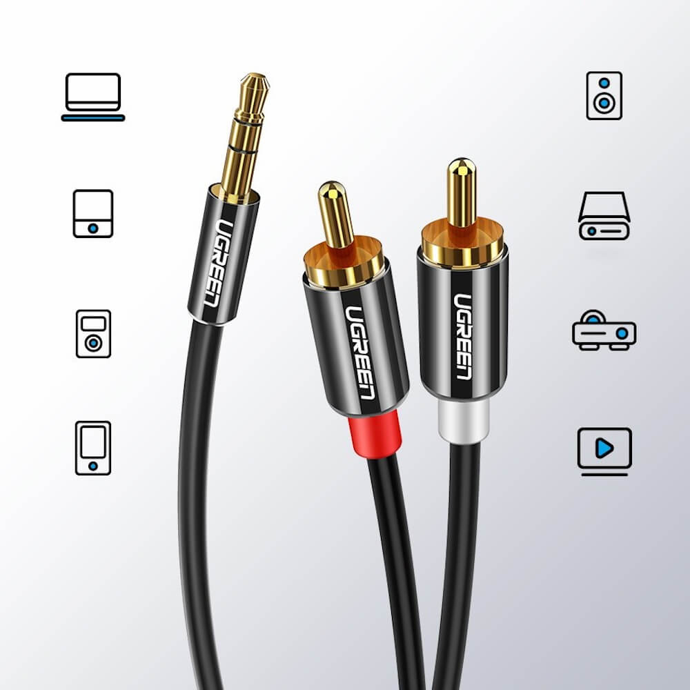 Audio kabel 3.5mm - 2 x RCA UGREEN AV116, 1.5m, Sort