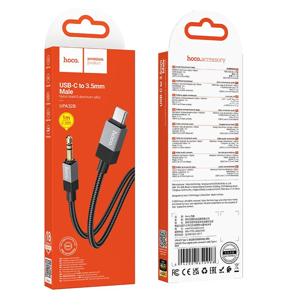 Audio Kabel USB-C - 3.5mm HOCO UPA32B, 1m, Sort