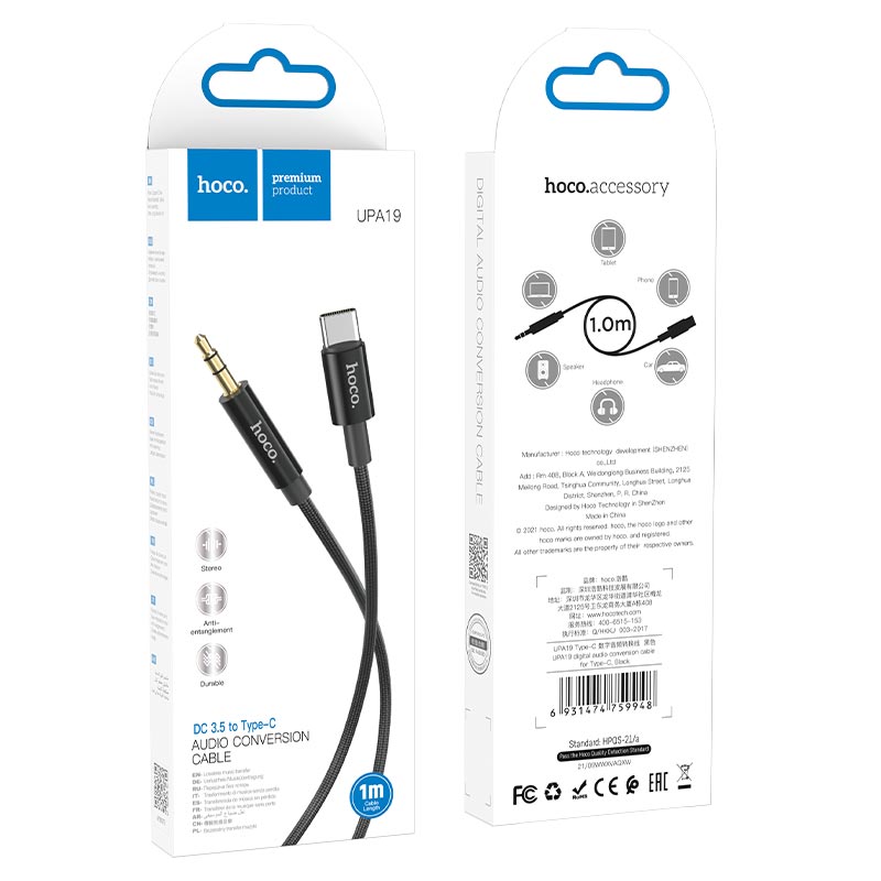 Audio Kabel USB-C - 3.5mm HOCO UPA19, 1m, Sort