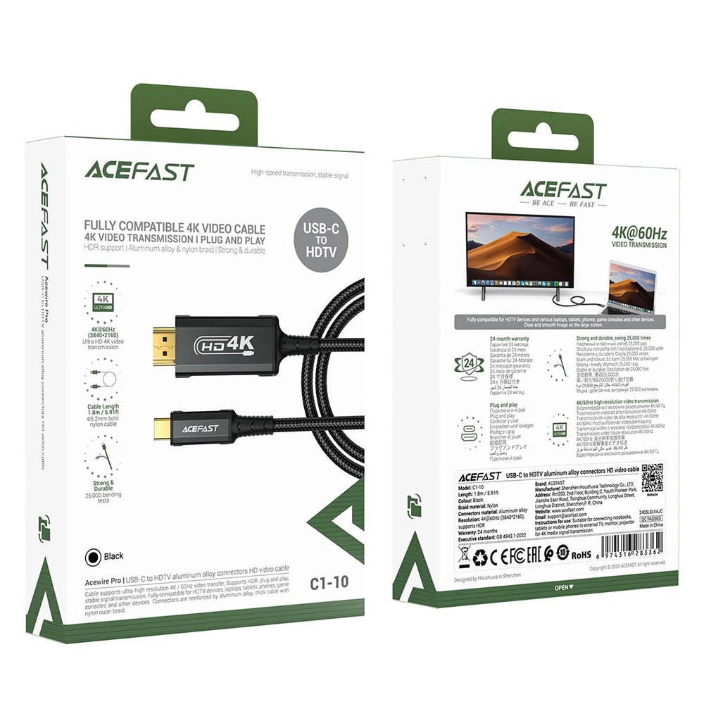 Audio- og videokabel USB-C - HDMI Acefast C1-10, 1,8 m, Sort