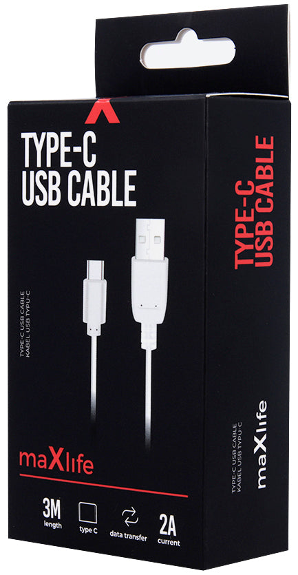 USB-A til USB-C data- og opladningskabel MaXlife, 20W, 3m, hvid