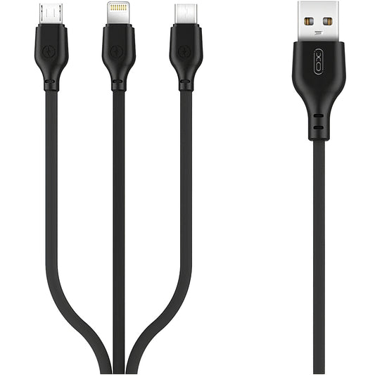 USB-A - Lightning / microUSB / USB-C opladerkabel XO Design NB103 3i1, 10W, 1m, Sort