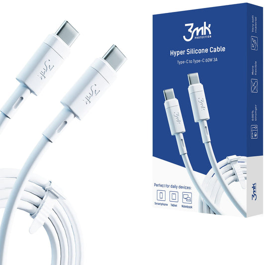 USB-C Data- og Opladningskabel - USB-C 3MK Hyper Silicone, 60W, 1m, Hvid