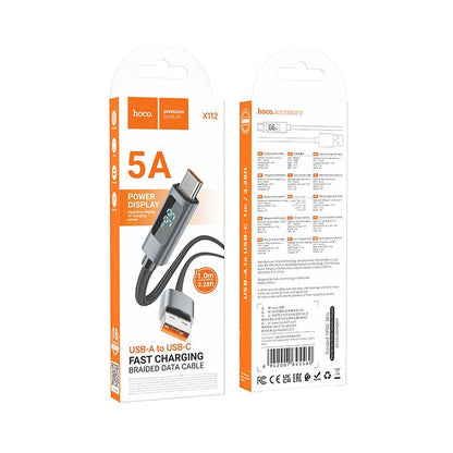 Data- og opladningskabel USB-A - USB-C HOCO Display X112, 100W, 1m, Sort
