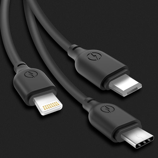 USB-A - Lightning / microUSB / USB-C opladerkabel XO Design NB103 3i1, 10W, 1m, Sort