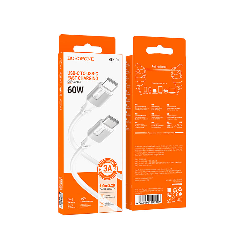 Data- og opladningskabel USB-C - USB-C Borofone BX101 Creator, 60W, 1m, Hvid