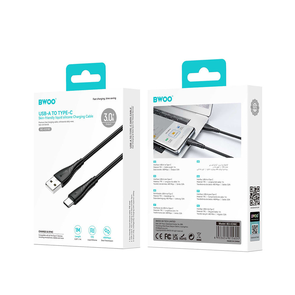 Data- og opladningskabel USB-A - USB-C BWOO BO-X318C, 27W, 1m, Sort