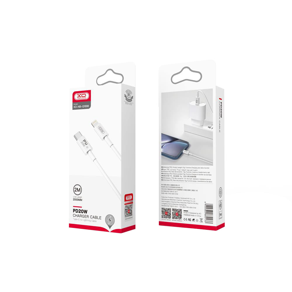 Data- og opladningskabel USB-C - Lightning XO Design NB-Q189B, 20W, 2m, Hvid