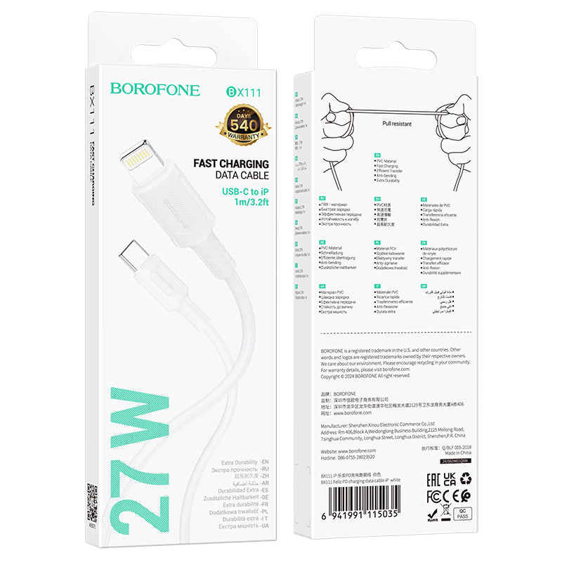 Data- og opladningskabel USB-C - Lightning Borofone BX111 Feliz, 27W, 1m, Hvid