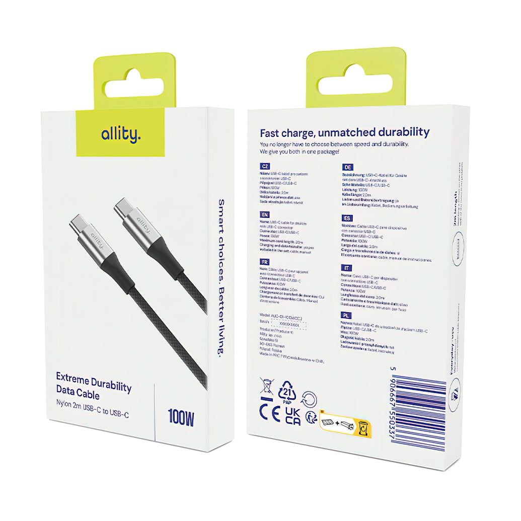 Data- og opladningskabel USB-C - USB-C Allity. AUC-01, 100W, 1m, Sort