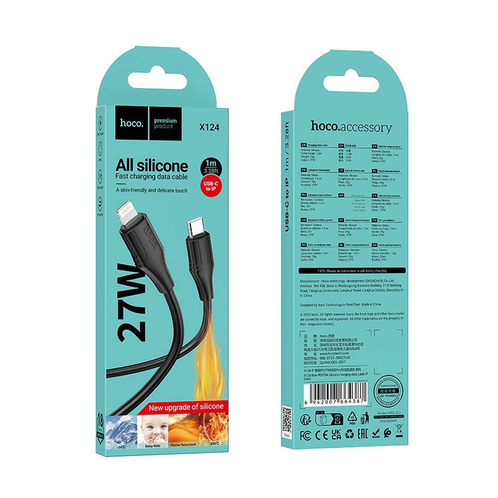 Data- og opladningskabel USB-C - Lightning HOCO X124, 27W, 1m, Sort