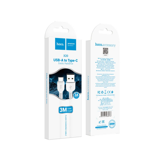 USB-A til USB-C data- og opladningskabel HOCO Flash X20, 18W, 3m, hvid