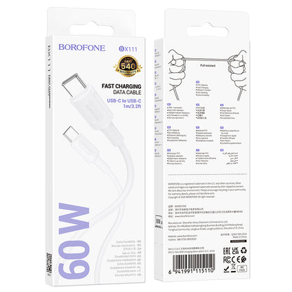 USB-C data- og opladningskabel - USB-C Borofone BX111 Feliz, 60W, 1m, hvid 