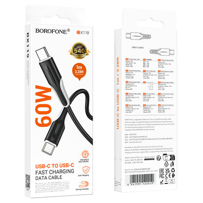 USB-C til USB-C data- og opladningskabel Borofone BX119 New, 60W, 1m, Sort