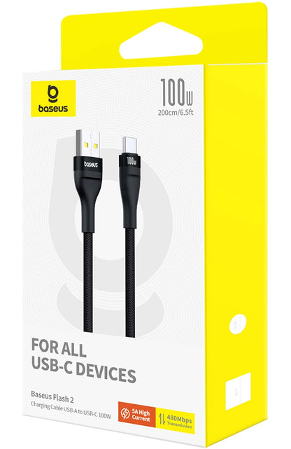 USB-A til USB-C data- og opladningskabel Baseus Flash Series II, 100W, 2m, Sort P10311804111-01