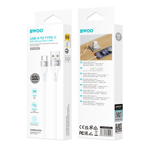 USB-A til USB-C data- og opladningskabel BWOO X280C, 15W, 1m, hvid