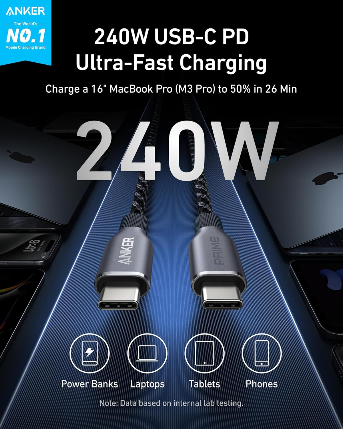 Anker Prime USB-C til USB-C data- og opladningskabel, 240 W, 0,9 m, sort A88E2011