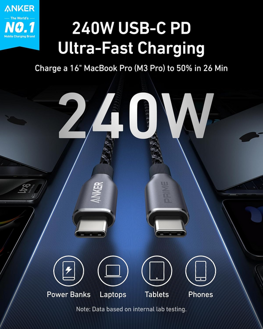 Anker Prime USB-C til USB-C data- og opladningskabel, 240 W, 0,9 m, sort A88E2011
