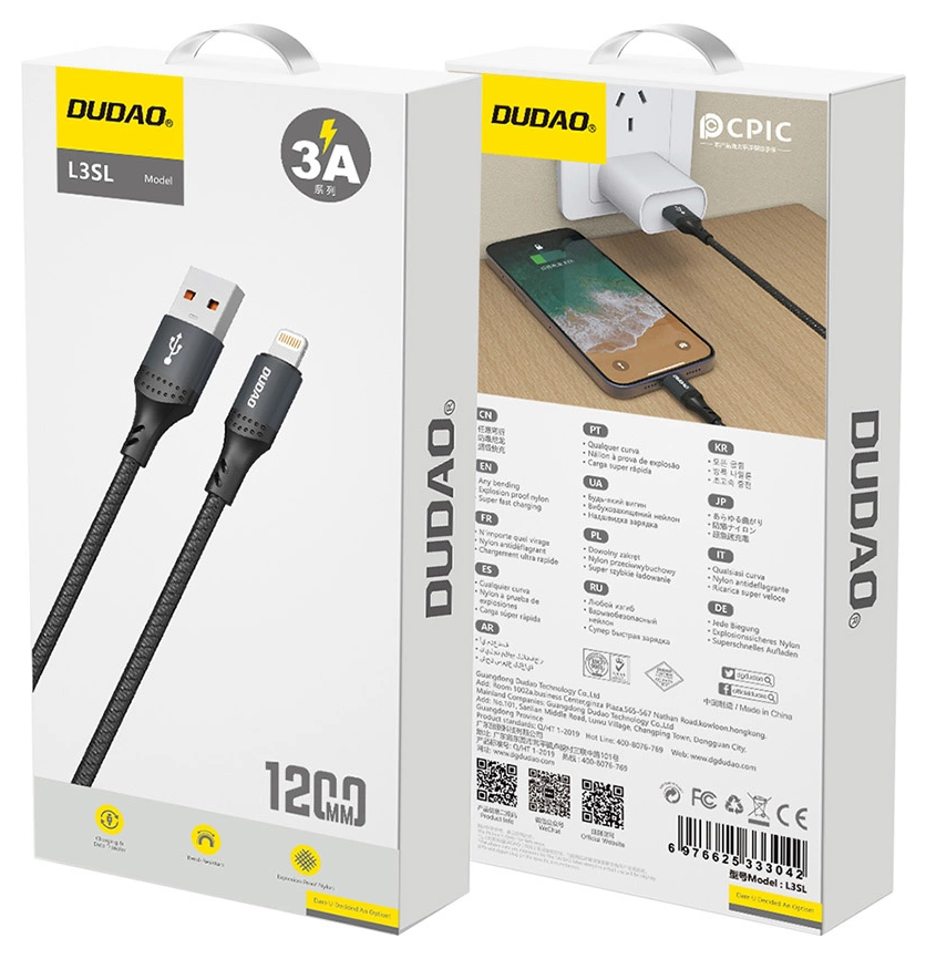 USB-A til Lightning data- og opladningskabel Dudao L3SL, 30W, 1,2m, sort