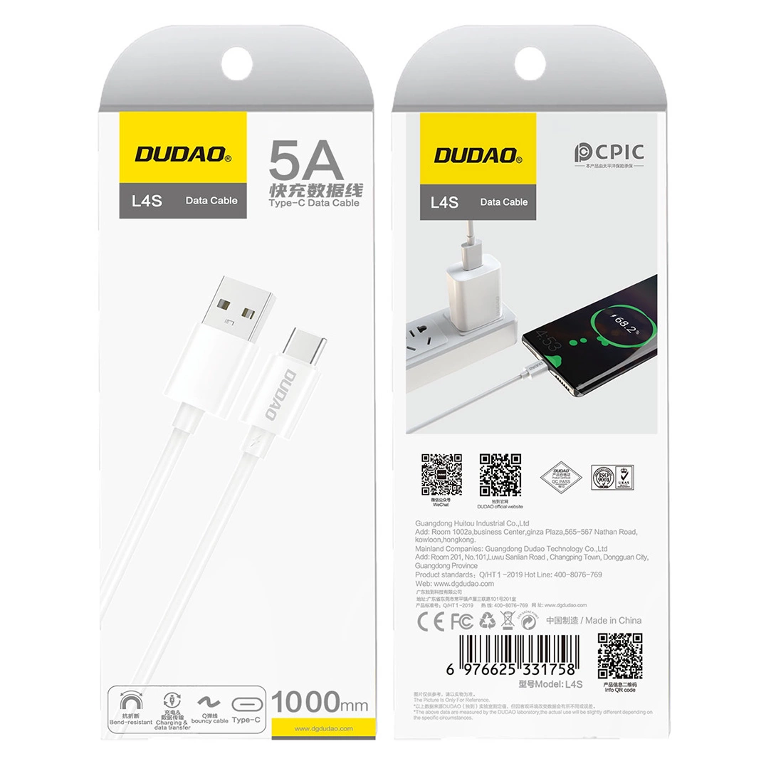 USB-A til USB-C data- og opladningskabel Dudao L4ST, 100W, 1m, hvid
