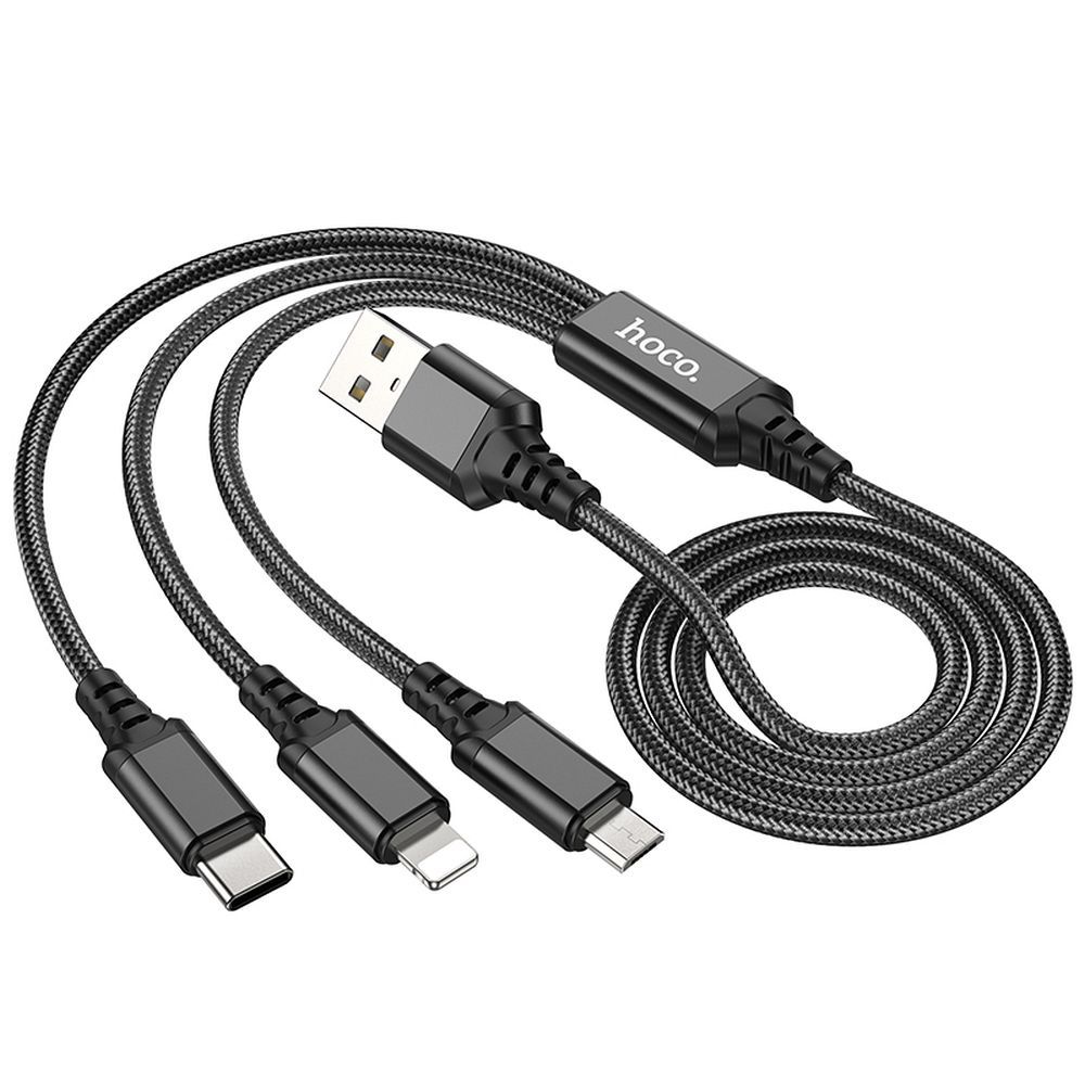 USB-A - Lightning / microUSB / USB-C Opladerkabel HOCO X76 3in1, 18W, 1m, Sort
