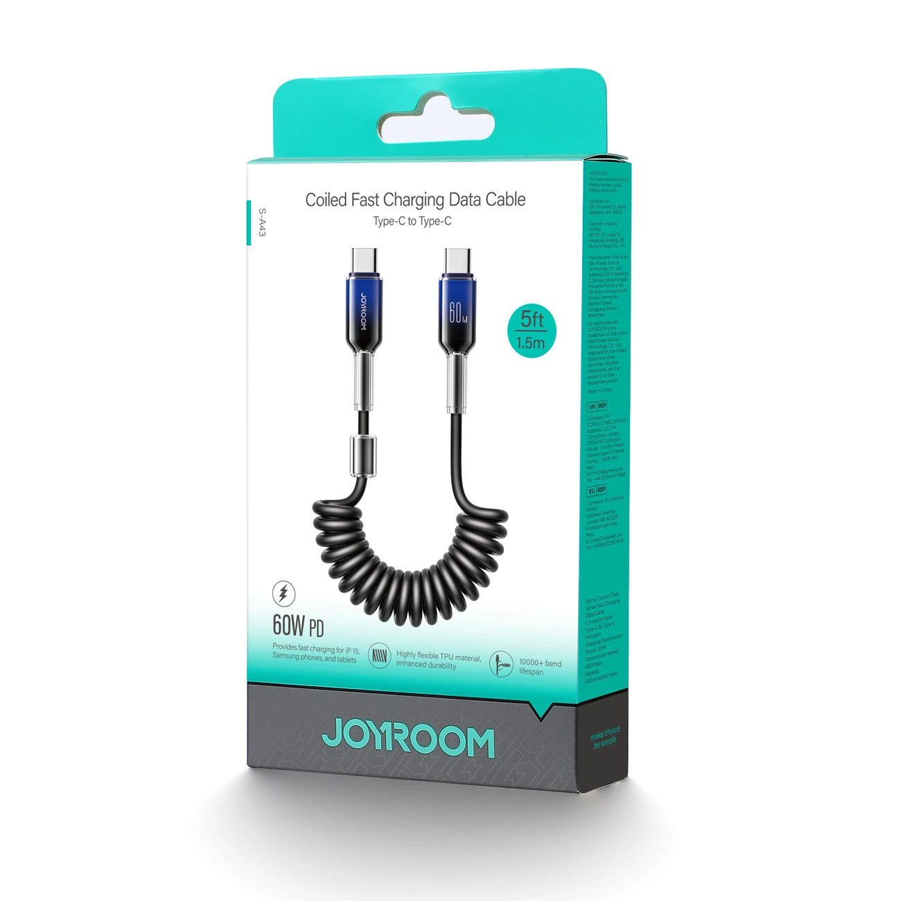USB-C data- og opladningskabel - USB-C Joyroom S-A43 Crystal, 60W, 1.5m, Sort