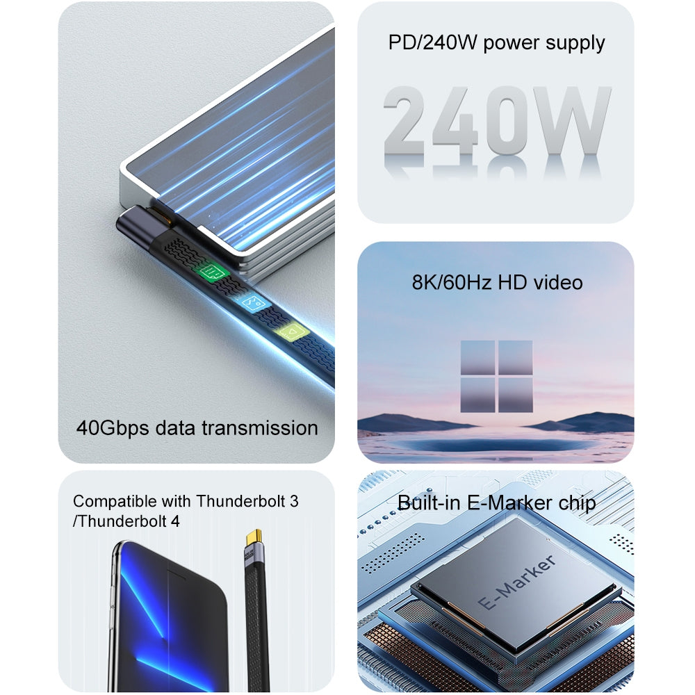 USB-C Data og Opladningskabel - USB-C OEM Angled 8K Video Version 2, 240W, 0.15m, Sort