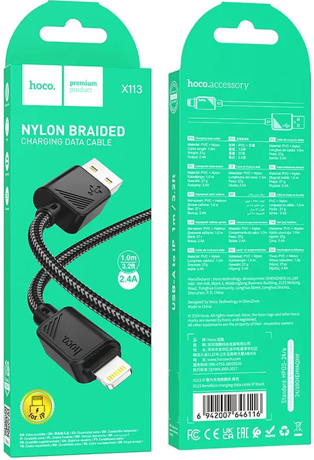 Data- og opladningskabel USB-A - Lightning HOCO X113, 18W, 1m, Sort