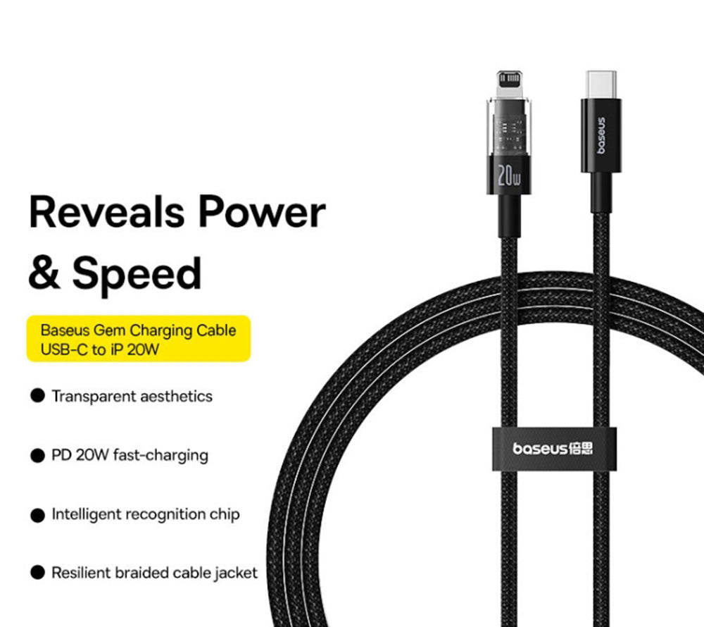 Data- og opladningskabel USB-C - Lightning Baseus Gem, 20W, 1m, Sort P10373001111-00