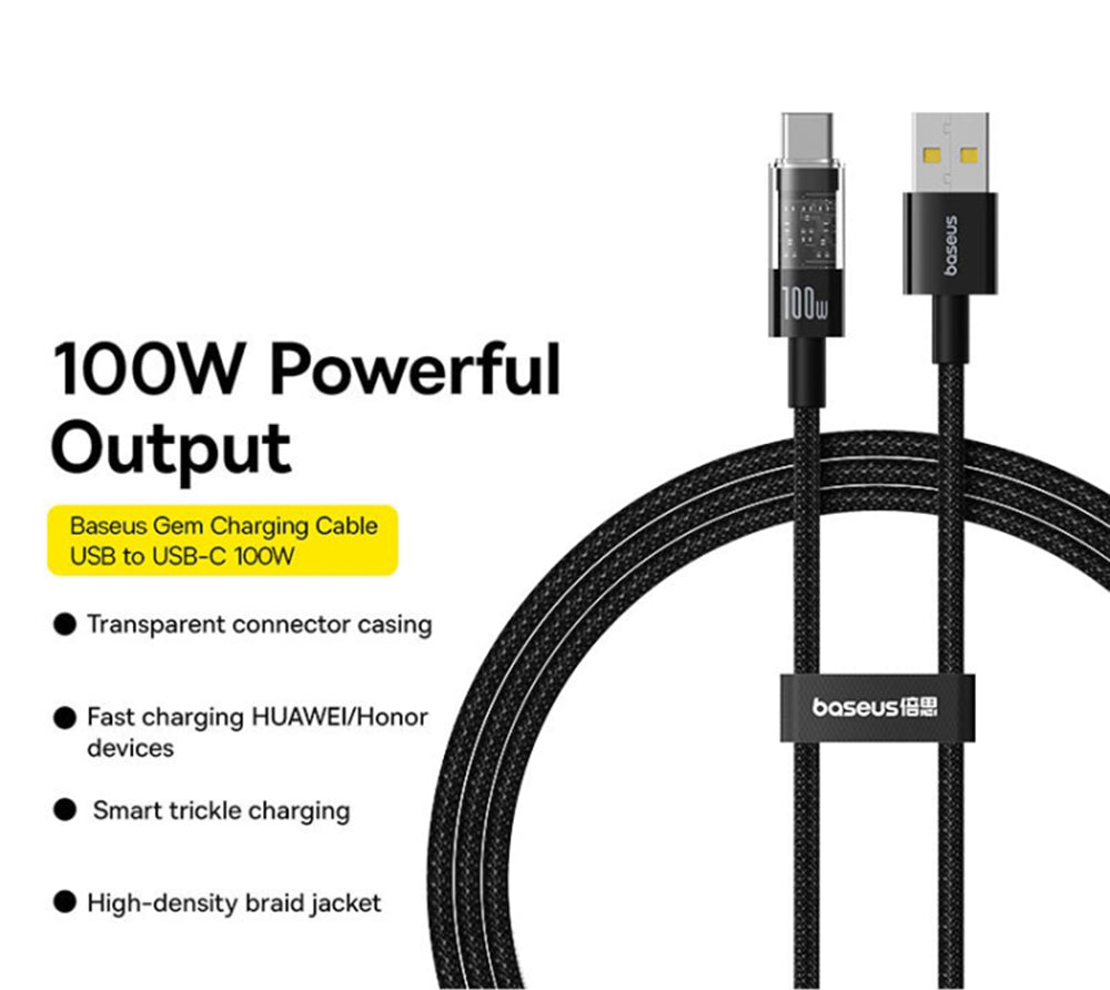 Data- og opladningskabel USB-A - USB-C Baseus Gem, 100W, 2m, Sort P10373002111-01